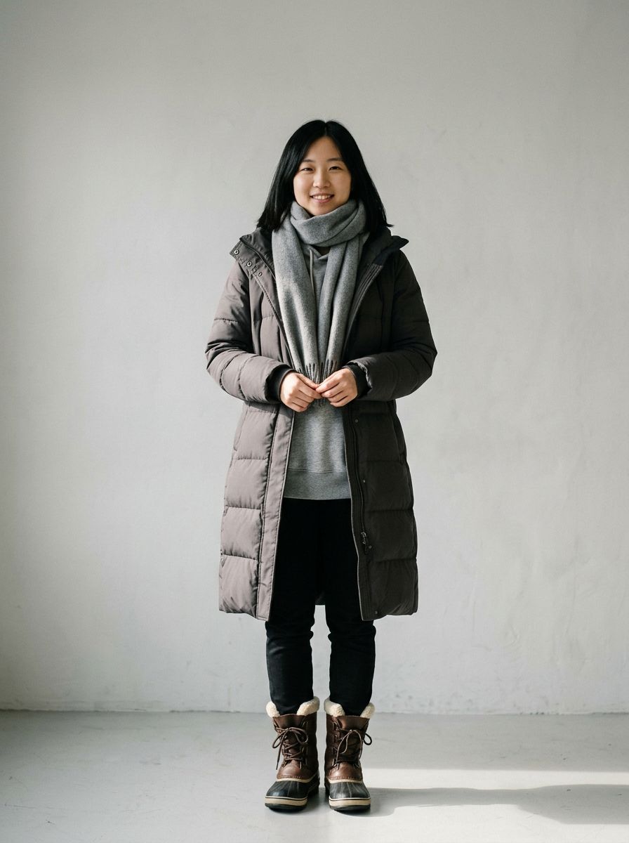 Cold: layers over layers, with a scarf that comes off indoors.
